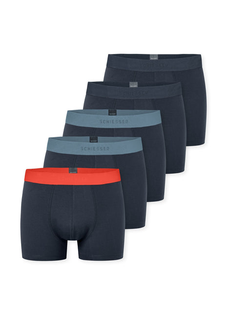 Schiesser short 5 pack 95/5 organic cotton boxer briefs dark blue waistband blue / red / dark blue heren 183214-901 Schiesser boxer lot de 5 95/5 organic cotton boxer briefs dark blue waistband blue / red / dark blue hommes