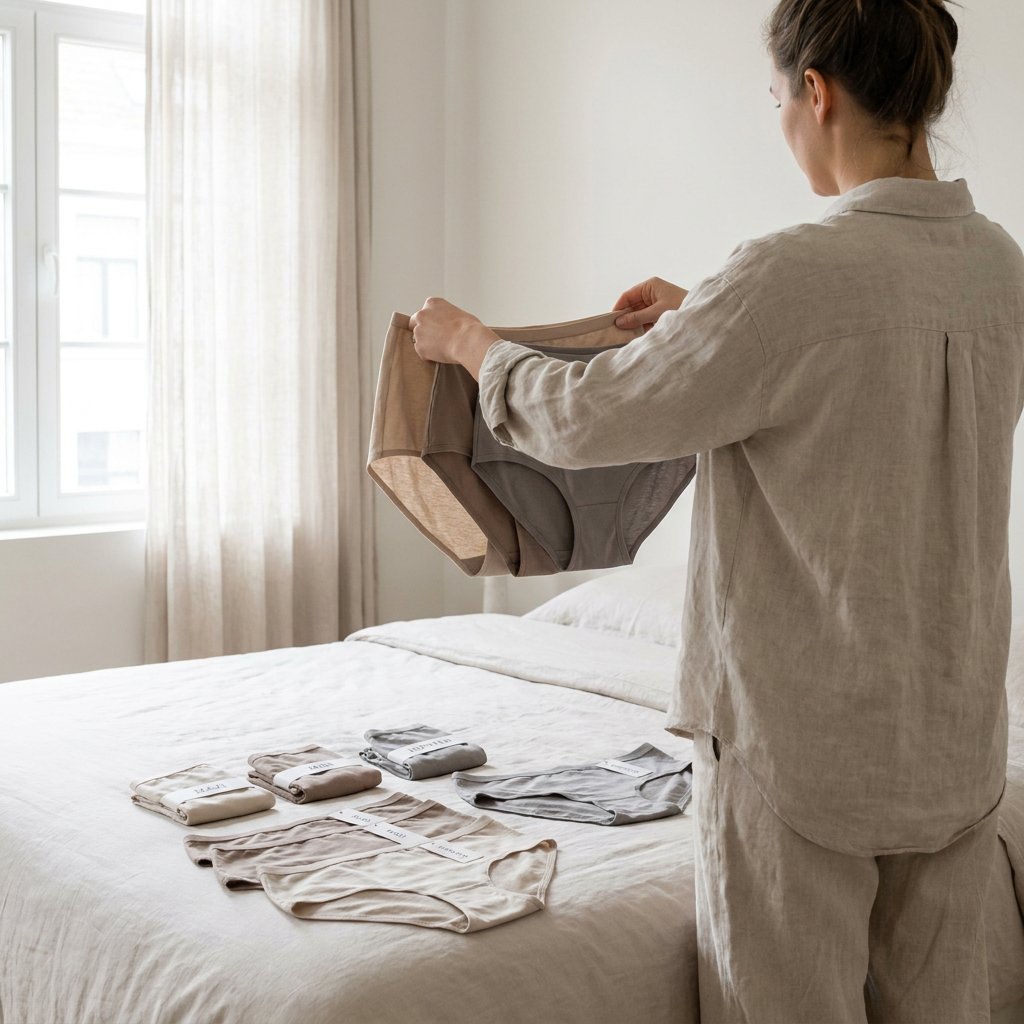 Vrouw vergelijkt verschillende neutrale Sloggi slips op bed in een lichte slaapkamer, met focus op pasvorm, comfort en dagelijkse keuze.