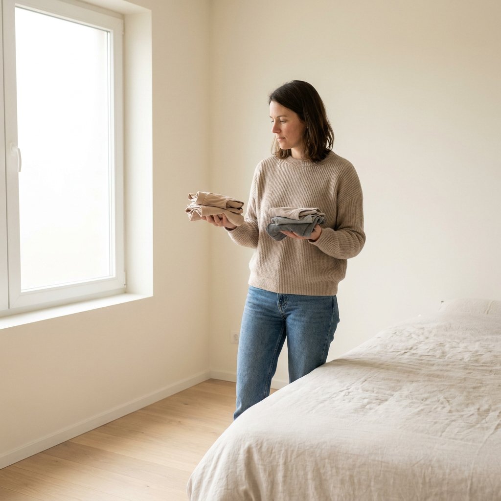 Vrouw in een lichte, moderne slaapkamer vergelijkt comfortabele damesondergoed basics op bed bij zacht daglicht, met focus op stof en pasvorm.