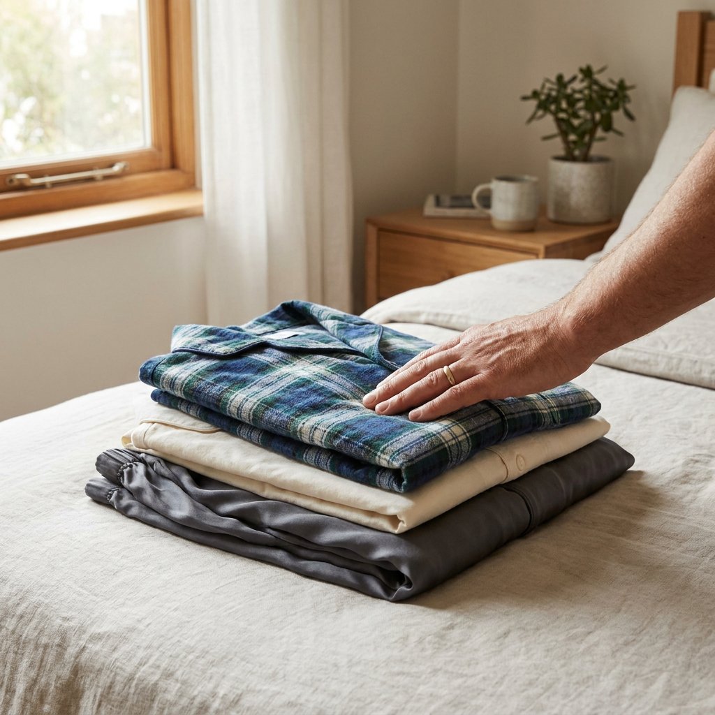 Op een netjes opgemaakt bed liggen pyjama’s van katoen, flanel en soepele stoffen in zacht daglicht, klaar om materialen te vergelijken.