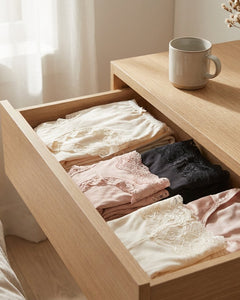 Verzorgde lingerielade met dames slips met kant in zachte neutrale tinten, gefotografeerd bij daglicht in een rustige moderne slaapkamer.