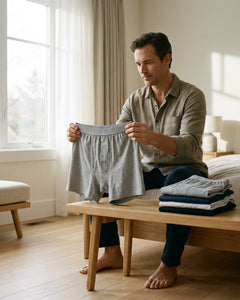 Man staat in een lichte moderne slaapkamer en kiest een comfortabele boxershort met gulp uit een nette stapel op een houten bank.