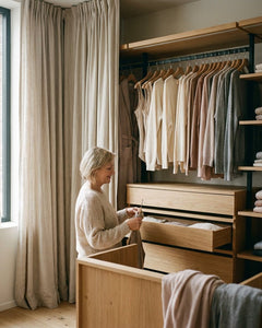 Volwassen vrouw in een lichte kleedkamer bekijkt comfortabele plus-size damesonderbroeken in neutrale tinten op een nette plank.