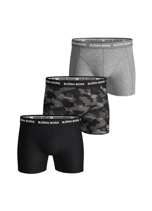 Björn Borg short 3 pack cotton stretch boxer black / print / grey melange heren 9999-1132-90651 Björn Borg boxer lot de 3 cotton stretch boxer black / print / grey melange hommes
