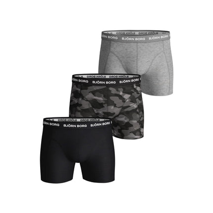Björn Borg short 3 pack cotton stretch boxer black / print / grey melange heren 9999-1132-90651 Björn Borg boxer lot de 3 cotton stretch boxer black / print / grey melange hommes