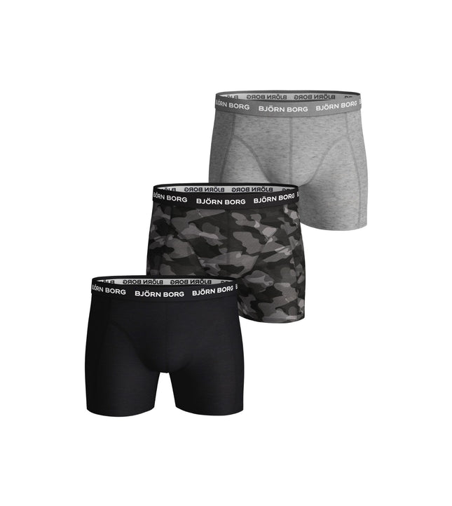 Björn Borg short 3 pack cotton stretch boxer black / print / grey melange heren 9999-1132-90651 Björn Borg boxer lot de 3 cotton stretch boxer black / print / grey melange hommes