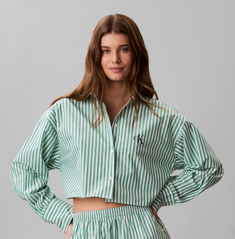 Calvin Klein shirt pyjama ck cotton poplin cropped shirt penny stripe mardi gras green women