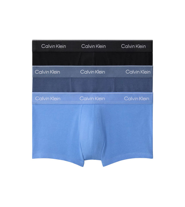 Calvin Klein short 3 pack icon cotton stretch low rise trunks black / glacier / blue bell heren LV00NB4389-W8O Calvin Klein boxer lot de 3 icon cotton stretch low rise trunks black / glacier / blue bell hommes