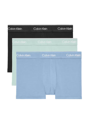 Calvin Klein short 3 pack icon cotton stretch trunks black / glacier / blue bell heren LV00NB4392-W8O Calvin Klein boxer lot de 3 icon cotton stretch trunks black / glacier / blue bell hommes