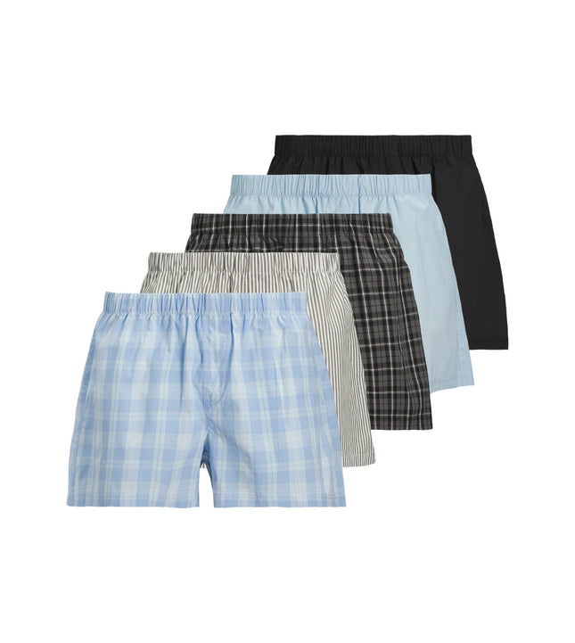 Jack & Jones wijde boxershort 5 pack jacmilano woven boxers poppy seed black / chambray blue / skyway / dusty olive heren 12281679-4811018 Jack & Jones wijde caleçon lot de 5 jacmilano woven boxers poppy seed black / chambray blue / skyway / dusty olive  