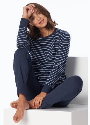 Schiesser pyjama lange broek uncover dark blue stripes dames