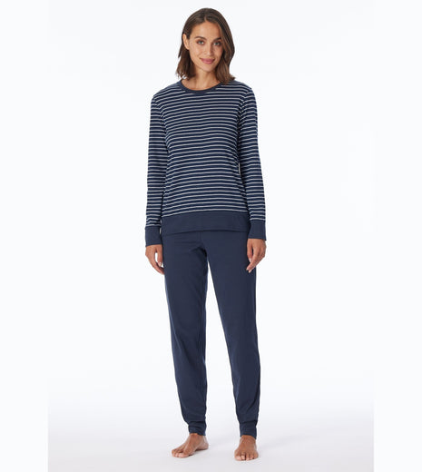 Schiesser pyjama lange broek uncover dark blue stripes dames