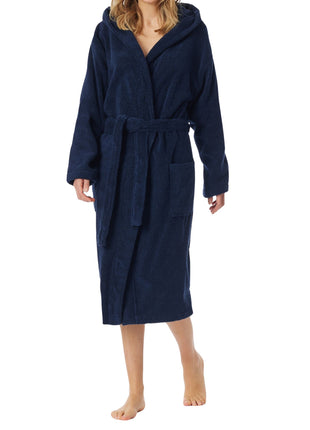 Schiesser badjas essentials bathrobe with hood navy dames 128545-815 Schiesser peignoir essentials bathrobe with hood navy femmes