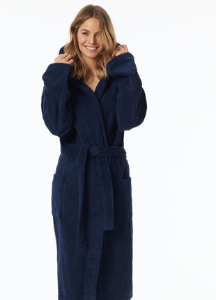 Schiesser badjas essentials bathrobe with hood navy dames 128545-815 Schiesser peignoir essentials bathrobe with hood navy femmes
