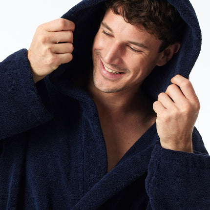 Schiesser badjas essentials bathrobe with hood navy heren 128546-815 Schiesser peignoir essentials bathrobe with hood navy hommes