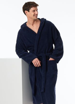 Schiesser badjas essentials bathrobe with hood navy heren 128546-815 Schiesser peignoir essentials bathrobe with hood navy hommes
