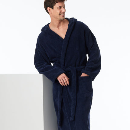Schiesser badjas essentials bathrobe with hood navy heren 128546-815 Schiesser peignoir essentials bathrobe with hood navy hommes