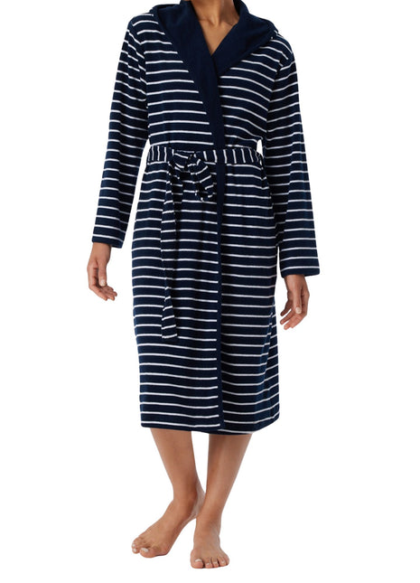 Schiesser badjas feather terry bathrobe with hood navy dames 181535-815 Schiesser peignoir feather terry bathrobe with hood navy femmes
