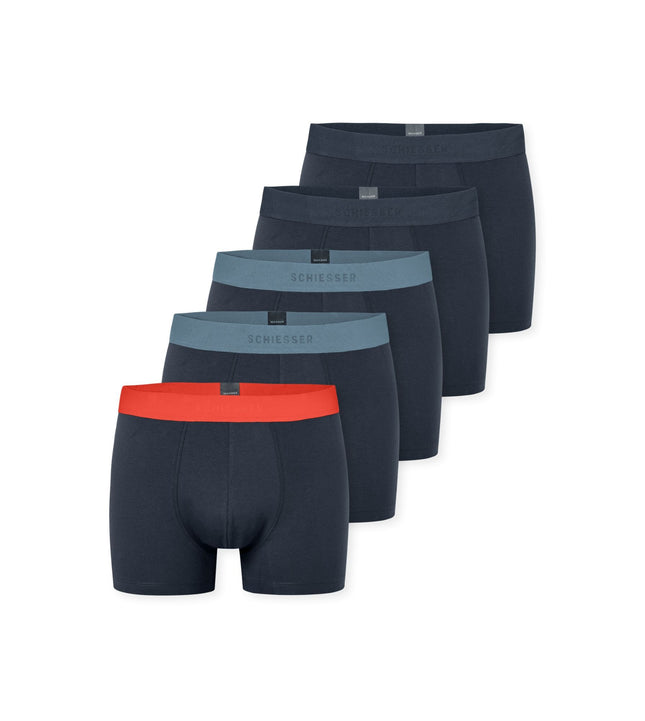 Schiesser short 5 pack 95/5 organic cotton boxer briefs dark blue waistband blue / red / dark blue heren 183214-901 Schiesser boxer lot de 5 95/5 organic cotton boxer briefs dark blue waistband blue / red / dark blue hommes