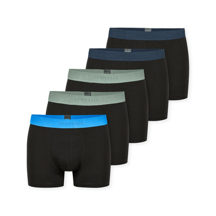 Schiesser short 5 pack 95/5 organic cotton boxer briefs dark blue waistband green / light blue / petroleum heren 183214-908 Schiesser short 5 pack 95/5 organic cotton boxer briefs dark blue waistband green / light blue / petroleum men