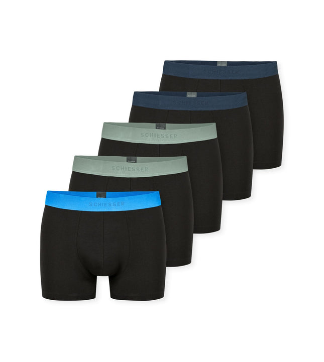 Schiesser short 5 pack 95/5 organic cotton boxer briefs dark blue waistband green / light blue / petroleum heren 183214-908 Schiesser short 5 pack 95/5 organic cotton boxer briefs dark blue waistband green / light blue / petroleum men