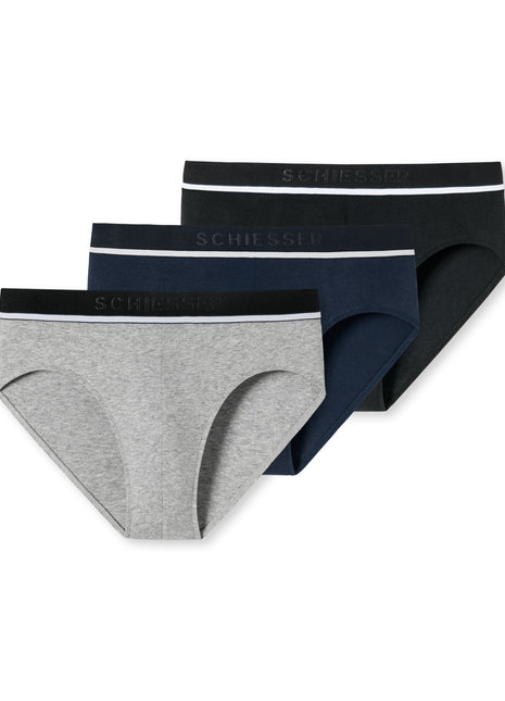 Schiesser slip 3 pack 95/5 organic cotton rio briefs grey / blue / black heren 179571-910 Schiesser slip lot de 3 95/5 organic cotton rio briefs grey / blue / black hommes