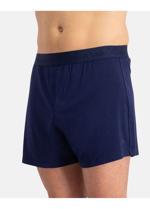 Bamboo Basics set van twee donkerblauwe losse boxershorts voor heren, detail in zijaanzicht