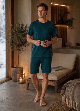 Schiesser pyjama short modern bonded deep sea green heren - afbeelding 8